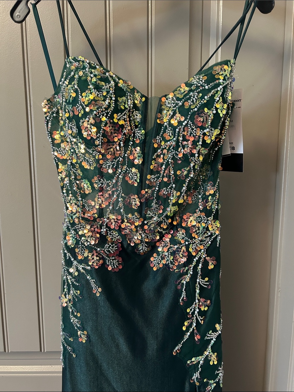 Jovani Emerald Green Spaghetti Strap Gown with Pink and Gold Floral Appliqué - Picture 2 of 4
